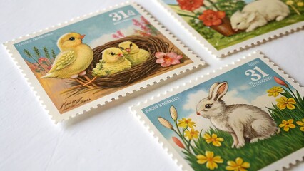 Collection of Old Easter Stamps Featuring Classic Illustrations of Chicks, Lambs, and Rabbits perfect for nostalgic designs and postal-themed Easter decor.