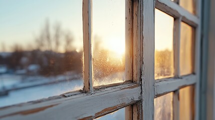 Fototapeta premium Frosty Window Pane Sunset View Winter Scene