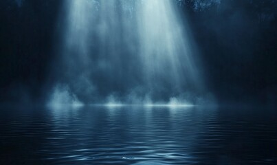 Dark blue background with rays of light shining down on the water surface