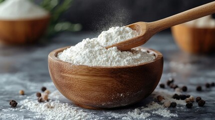 Wooden Bowl of White Flour with Wooden Spoon