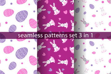 Easter seamless pattern set featuring bunnies, rabbits, and decorated eggs in vibrant colors and playful designs
