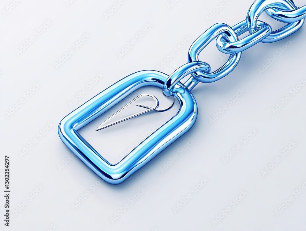 Poster close-up of a shiny blue chain link with a unique tag design, set against a light background