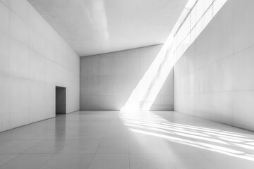 Obraz premium pristine empty white concrete room with seamless walls, subtle shadow play from natural light source, and minimalist architectural elements creating a clean, modernist space with perfect symmetry