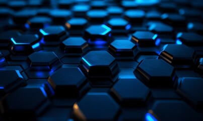 Obraz premium abstract background with blue glowing hexagons on a dark surface. Abstract futuristic wallpaper for design, presentation