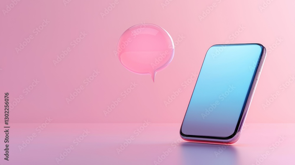 Poster a 3d digital illustration of a talk bubble floating in front of a smartphone screen.