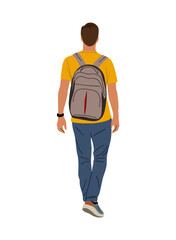 Young man, college, university student walking rear view with backpack. Male cartoon Character Wearing street fashion casual outfit. Flat vector realistic illustration Isolated
