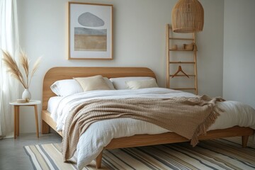 Minimalist bedroom with light wood bed, beige blanket, and natural decor.