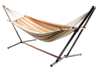 Striped Hammock with Metal Stand - Isolated on White Background as Transparent. PNG. AI GENERATED