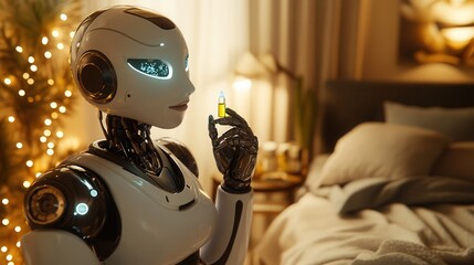A futuristic robot stands thoughtfully in a cozy bedroom, holding a small object, surrounded by soft lighting and home decor.