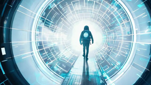 A lone astronaut walks through a futuristic glowing tunnel filled with digital circuits and blue neon lights, symbolizing space exploration, technology, and the unknown future