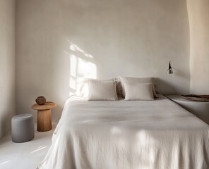 Minimalist bedroom with linen bedding, sunlight, and wooden side table.