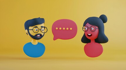 Fototapeta premium Two overlapping conversation bubbles above animated characters having a discussion.