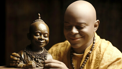 Naklejka premium Harmony of Human and Art: Bald Man Contemplates a Bronze Sculpture with a Smile
