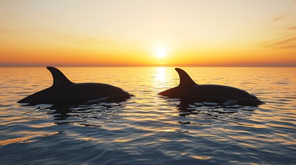 Fototapeta premium Two majestic dolphins swimming in the ocean at sunset, creating a captivating scene of wildlife in nature
