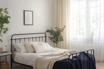 Minimalist bedroom with metal bed frame, neutral bedding, and plants.