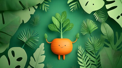 Cheerful Carrot Sprout: 3D Render in Lush Tropical Foliage AI Generated