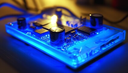 Obraz premium A Mesmerizing Circuit Board Glowing With Vibrant Blue Light, Showcasing Intricate Electronics In A Transparent Casing, Revealing Its Inner Workings With A Soft, Warm Ambient Glow