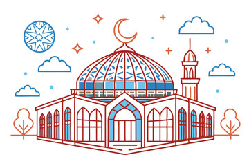 Mosque line art vector illustration, colorfull lineart mosque vector, Mosque vector on a white background