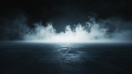 A dark concrete surface meets mysterious fog under dim light