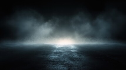 Fototapeta premium Fog hovers above a reflective surface in a dark scene