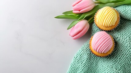 Three colorful cupcakes are arranged alongside pink tulips on a textured green cloth, creating a delightful and fresh springtime aesthetic.
