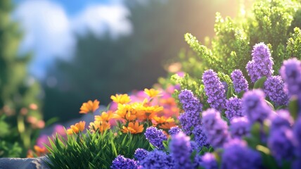 Obraz premium Vibrant garden scene with blooming purple and orange flowers under sunlight.