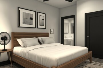 Fototapeta premium Modern bedroom interior design with king-size bed, wooden frame, and minimalist decor.