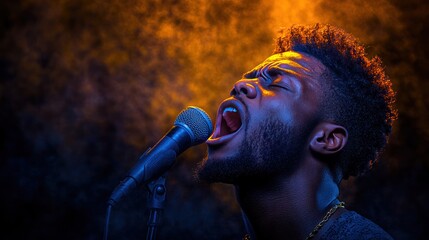 Afro American man singing in church, gospel singer expressing joyful devotion, faith, and belief in God - religion concept