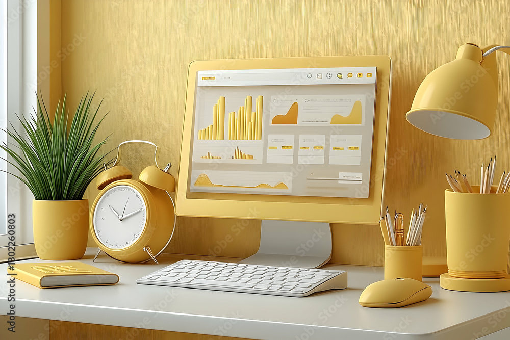Poster modern yellow office desk setup with financial graph on computer screen