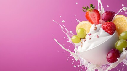 A vibrant bowl of creamy yogurt topped with fresh fruits, splashing milk, set against a pink background.