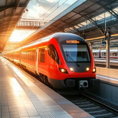 Fototapeta premium Modern red train at platform in futuristic railway station, high speed red train waiting at platform for urban travel, modern red train design for efficient public transportation system