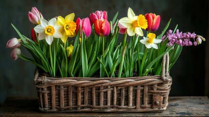 A collection of flower bulbs, including tulips, daffodils, and hyacinths, arranged in a rustic basket on a gardening table.