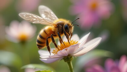 Honeybee Pollinating White Flower in Garden with Sunlight and Pink Flowers