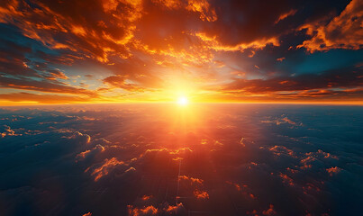 Panoramic Celestial View of the Fiery Sunset Above the Clouds with Warm Light