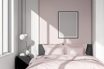 Minimalist bedroom with pink bedding, frame mockup, and sunlight.