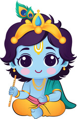 Cute Kid Lord Krishna holding flute vector illustration. Krishna Janmashtami and Vishu Vector Graphics