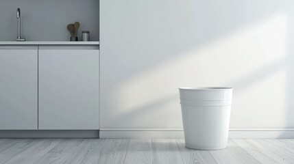 A clean white bucket sitting in a minimalist kitchen.