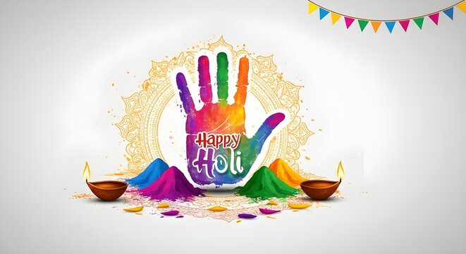 handprint background decorated with bright Holi colours