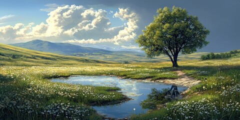 Obraz premium Serene Landscape with Lush Green Meadow, Tranquil Pond, Majestic Mountains in Background Under Blue Sky with Puffy Clouds, Perfect for Nature and Relaxation Themes