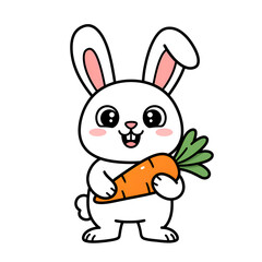Obraz premium Adorable White Bunny Rabbit Holding a Big Orange Carrot Illustration art cute food happy sweet image