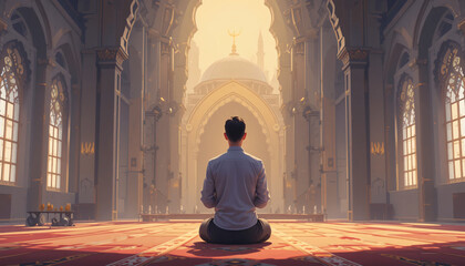 Silhouette of a Worshiper Praying in a Mosque