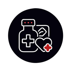 Fototapeta premium Medical bottle with a heart symbol on black background