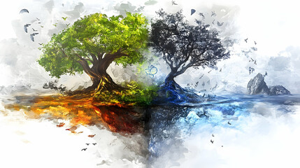 Symbolic dichotomy trees in seasons representing balance and transformation