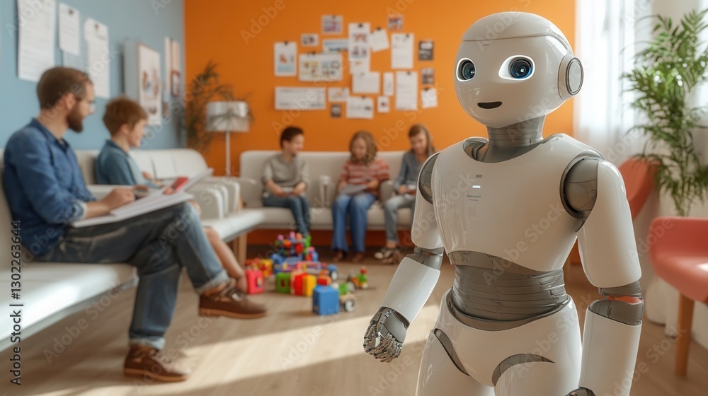 Poster futuristic robot concept.a friendly robot interacts with a group of people in a colorful room, showc