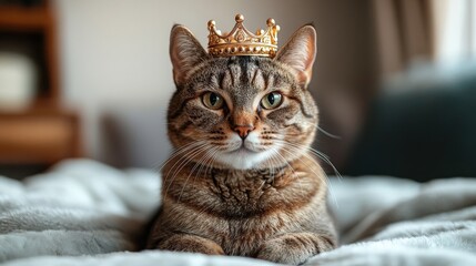 Regal Tabby Cat Wearing a Golden Crown