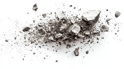 Obraz premium Abstract Composition of Broken Metallic Rocks and Mineral Dust on White Background for Industrial and Natural Textures in Photographic Art