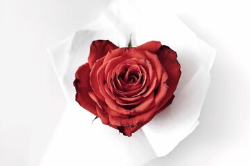 Top view of blooming red color rose flower as love shape isolated on white paper background