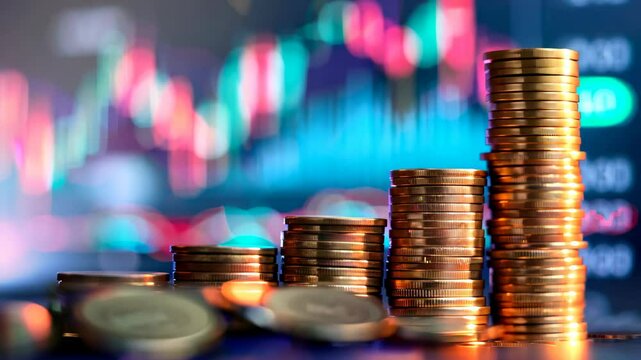 Stacked Coins on Financial Chart Background with Market Trends