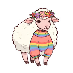Fototapeta premium Adorable Sheep Wearing Rainbow Sweater Floral Crown Cute Illustration Fun Art Pet Cozy Soft Happy