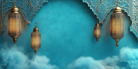 Obraz premium Ramadan Kareem greeting card design, featuring intricate, gold-lined Islamic patterns and decorative hanging lanterns on a sky blue color background with a subtle textured paper effect